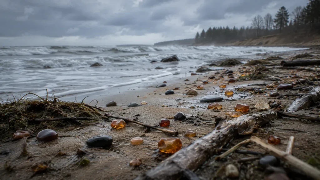 amber washed onto a baltic sea beach