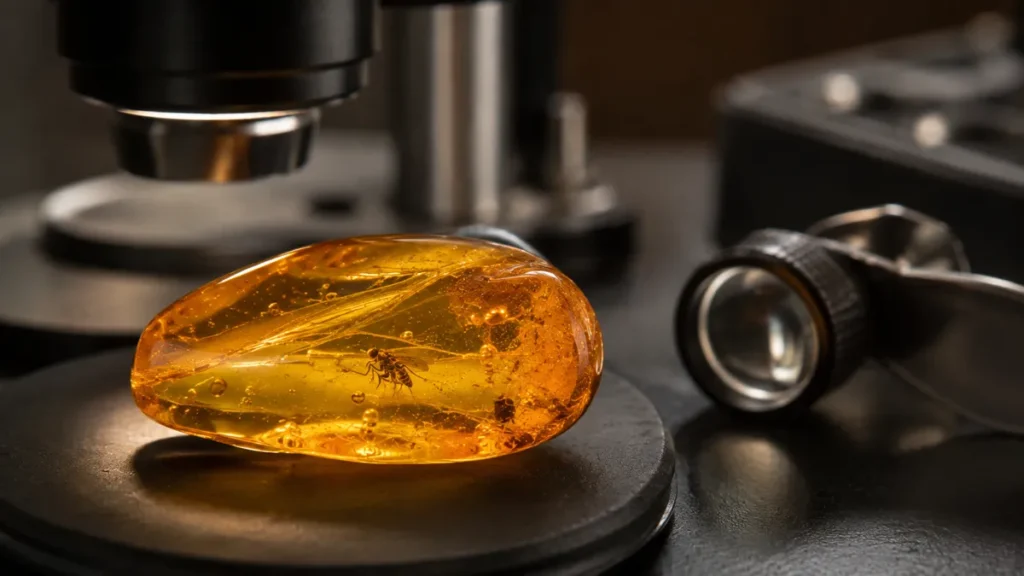 What Are Amber Inclusions? A Guide to Fossils Inside Amber examining an amber inclusion under magnification