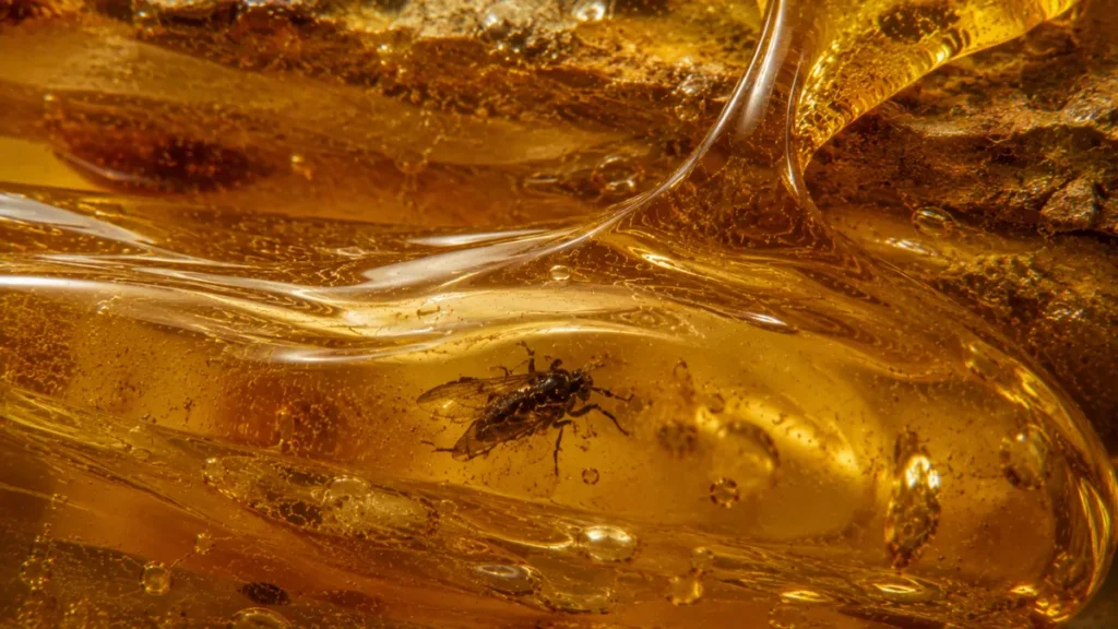 resin surrounding and encasing an insect