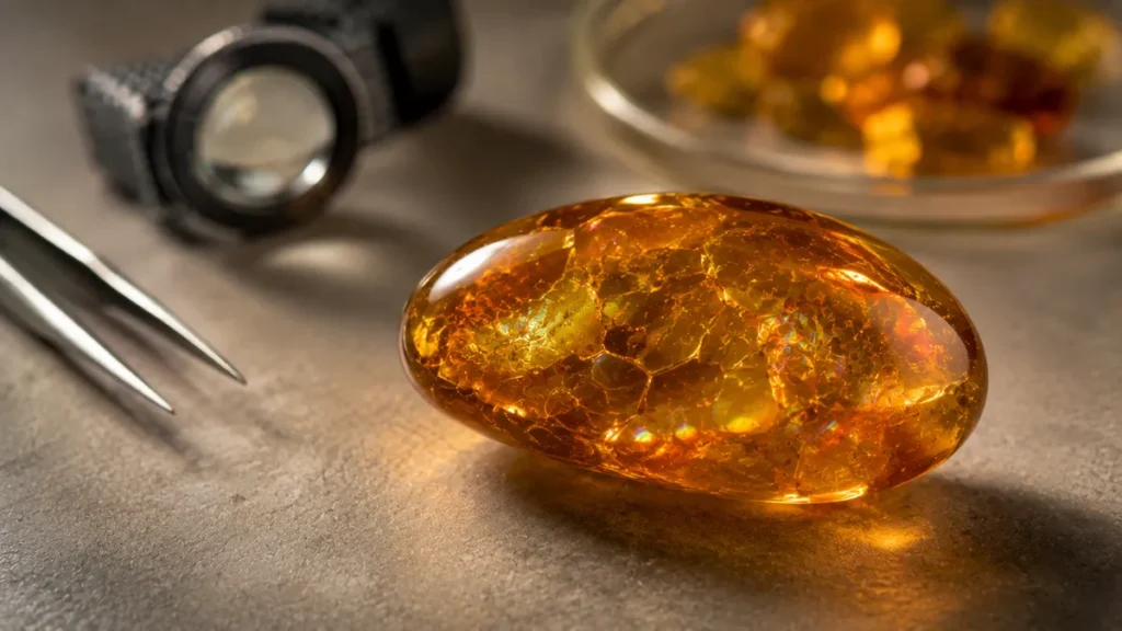 treated amber under examination