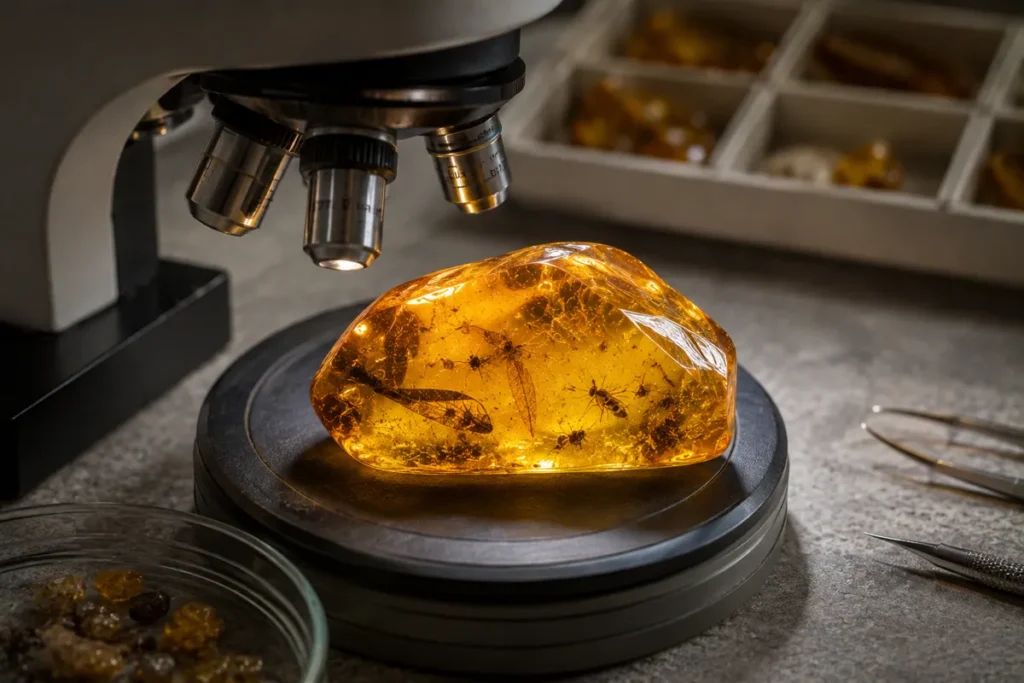 studying amber fossils under scientific examination