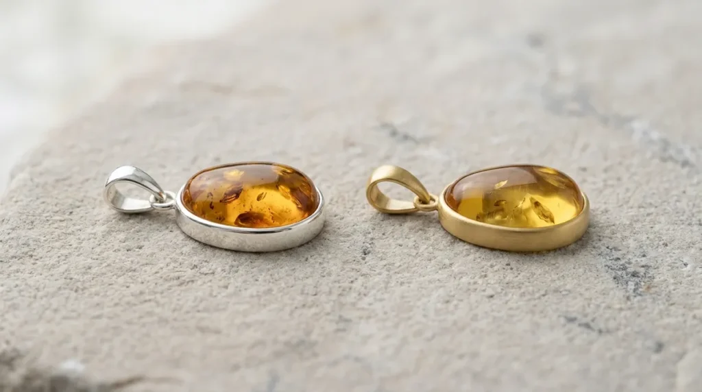 amber jewelry silver vs gold settings
