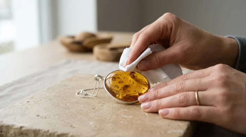 gently wiping amber jewelry